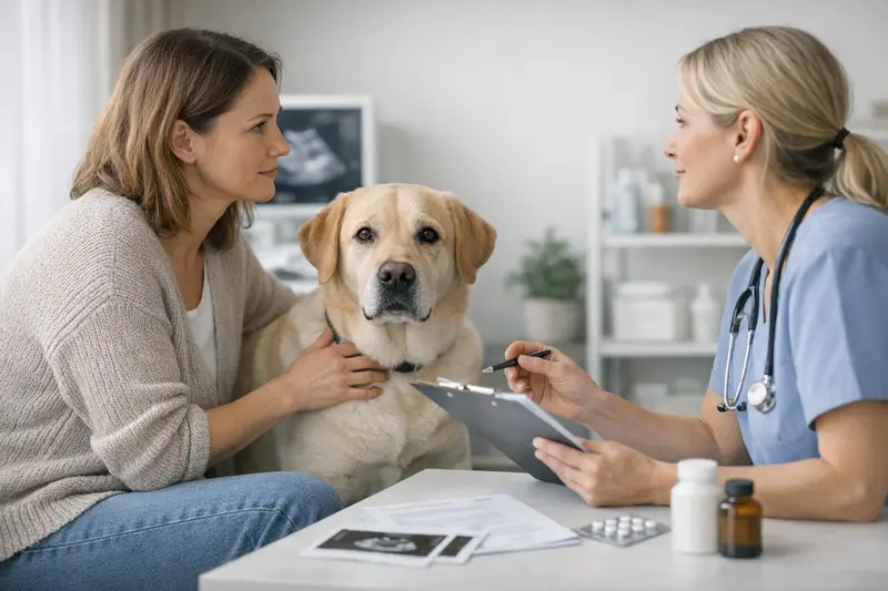 Hund beim Tierarzt zur Gesundheitsuntersuchung, der Halter vergleicht verschiedene Tarifoptionen.