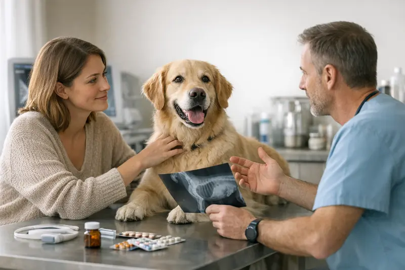 Hundekrankenversicherung und tierärztliche Diagnostik Tierarzt untersucht Hund auf gesundheitliche Probleme und bespricht Diagnostik und Medikamente.