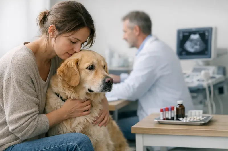 Tierärztliche Untersuchung Hund Läufigkeit Hund bei der tierärztlichen Untersuchung zur Überprüfung auffälliger Läufigkeit.