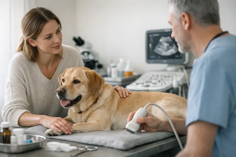 Tierarztleistungen bei auffälliger Läufigkeit Tierarztuntersuchung bei einem Hund, der Anzeichen von auffälliger Läufigkeit zeigt.