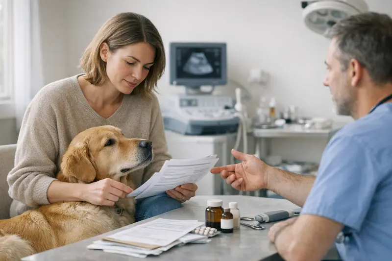 Ein Hundebesitzer vergleicht Tarife für eine Tierkrankenversicherung und achtet auf wichtige Aspekte.