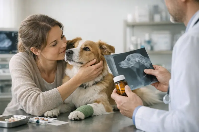 Hund bei Tierarztuntersuchung Ein Hund beim Tierarzt, der eine Diagnose erhält und Medikamente bespricht.