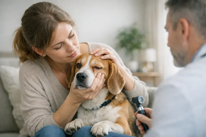 Ein Hund mit Lidfehlstellung wird von einem Tierarzt untersucht, um Augenprobleme abzuklären.