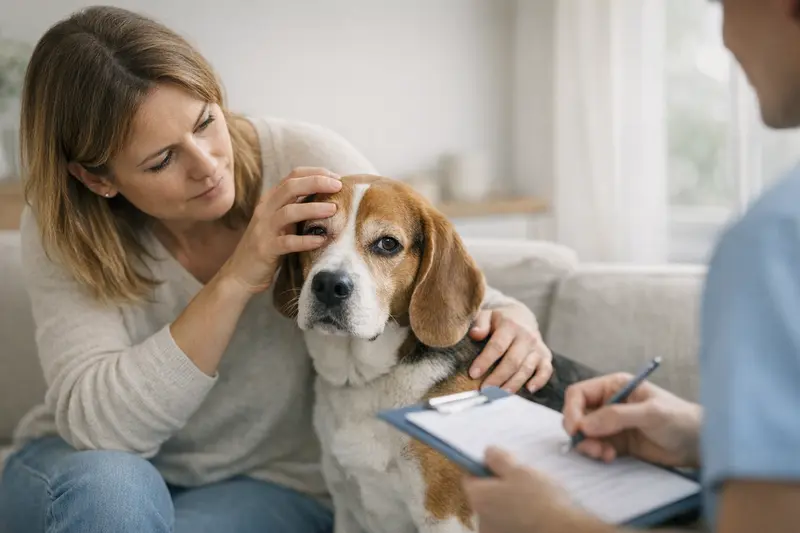 Hund mit Lidfehlstellung beim Tierarzt Ein Hund mit Lidfehlstellung während einer Untersuchung beim Tierarzt.