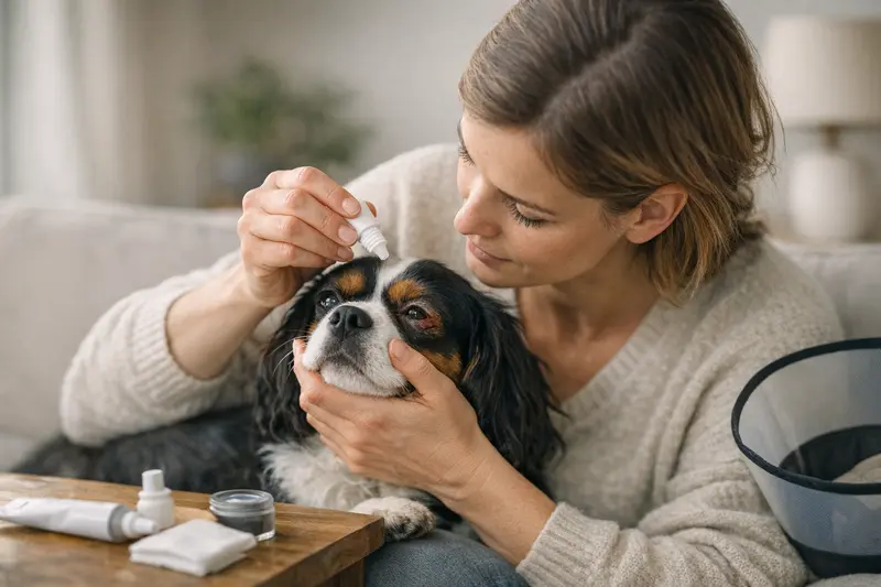 Hund beim Tierarzt zur Untersuchung von Lidfehlstellungen Ein Hund beim Tierarzt, der untersucht wird, um Lidfehlstellungen zu diagnostizieren.