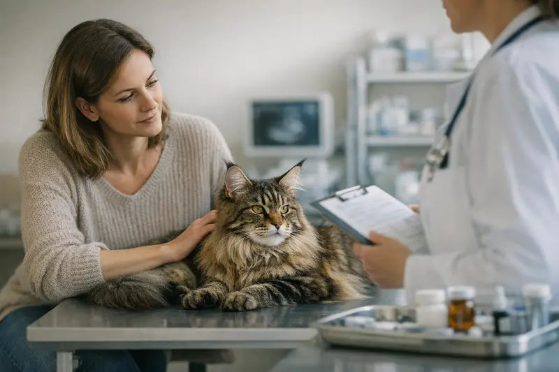 Maine Coon beim Tierarzt Eine Maine Coon Katze sitzt auf einem Tisch beim Tierarzt, bereit für eine Untersuchung.