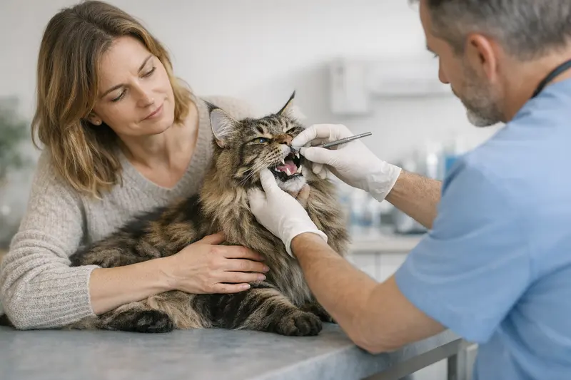 Zahnbehandlung einer Katze beim Tierarzt Eine Katze auf dem Untersuchungstisch beim Tierarzt zur Zahnbehandlung.