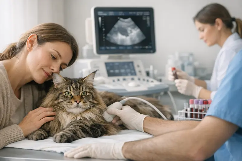 Diagnostik für Katzenversicherung Tierarzt, der bei einer Katze ein Blutbild und Ultraschall durchführt, um gesundheitliche Probleme zu diagnostizieren.