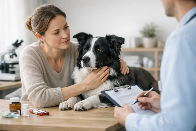MDR1-Test für Hunde und Katzen Schäferhund in der Tierarztpraxis, der eine Untersuchung für den MDR1-Test erhält.
