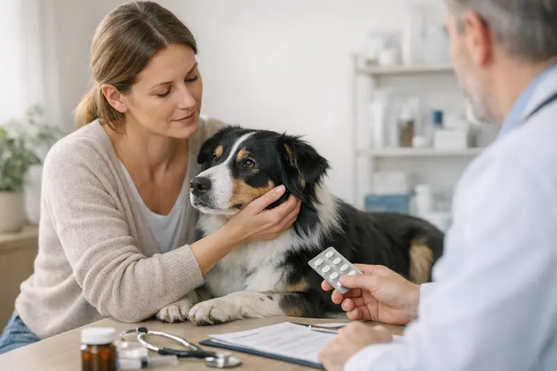 MDR1-Test beim Hund Hund mit Tierarzt, der einen MDR1-Test durchführt, um Risiken bei Medikamenten zu minimieren.
