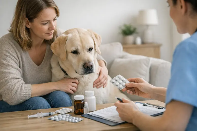 Medikamentenrisiken bei Haustieren Ein Hund und eine Katze, beide bei einem Tierarzt, während sie wichtige Informationen zu Medikamentenrisiken erhalten.