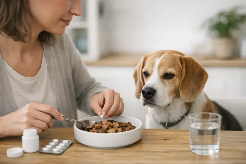 Tablettengabe für Hunde im Futter Ein Hund frisst sein Futter, während eine Tablette zur Medikamentengabe darauf versteckt ist.