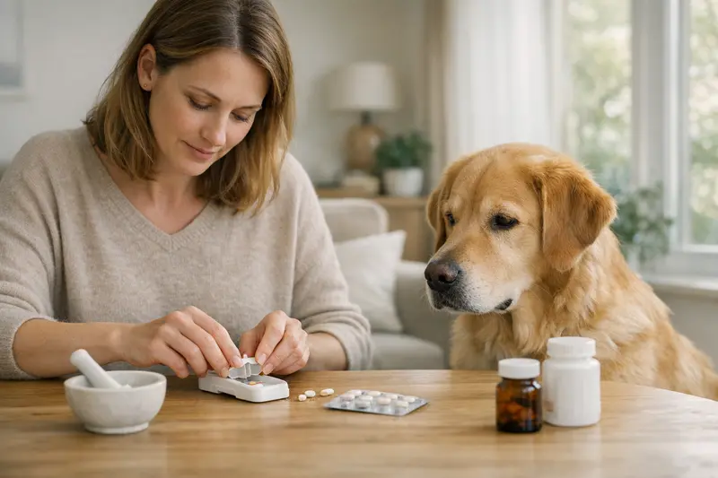 Tablette für Hund korrekt verabreichen Eine Hand, die vorsichtig eine Tablette für einen Hund zerdrückt.