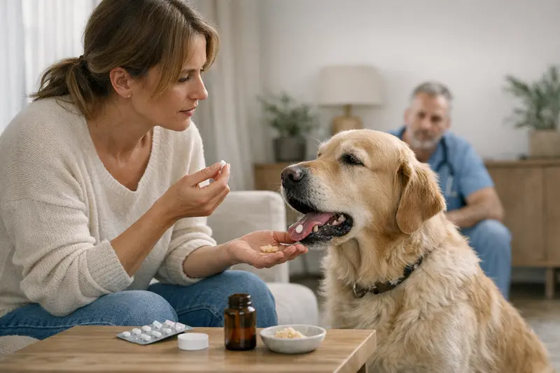 Hund und Medikamente Ein Hund, der skeptisch auf eine Tablette blickt, während sein Besitzer besorgt danebensteht.