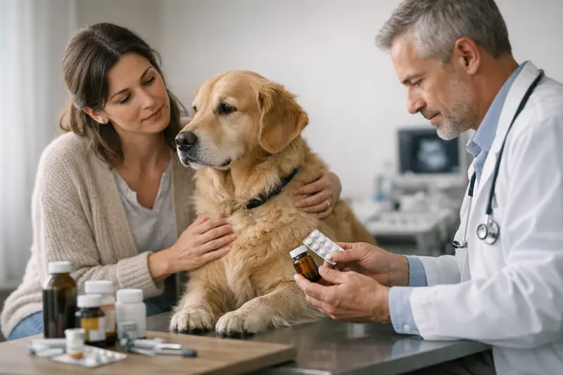 Tierarztkosten für Hundemedikamente Tierarzt konsultiert Hundebesitzer hinsichtlich der Kosten für Medikamente und Behandlungen.