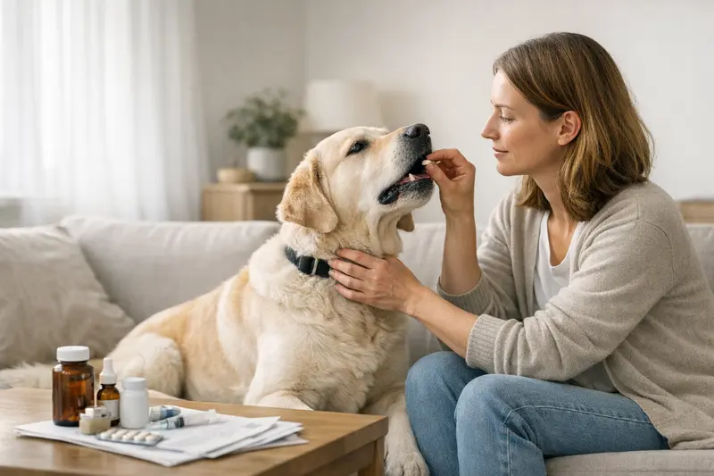 Hund mit Medikamentenversorgung Ein Hund erhält seine Medikamente vom Tierarzt, während der Besitzer aufmerksam zuhört.
