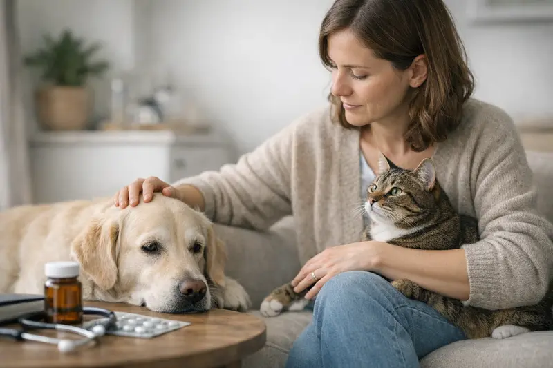 Gesundheit von Katze und Hund im Mehrtierhaushalt Eine Katze und ein Hund entspannen gemeinsam in einem Mehrtierhaushalt, während ihre Gesundheit im Fokus steht.