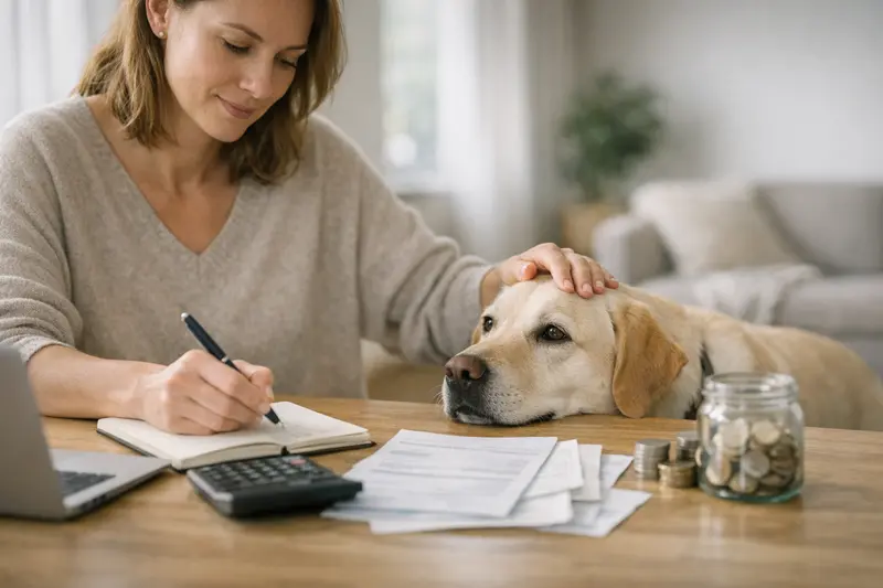 Ein Hund und eine Katze stehen gemeinsam vor einem Tierarzt und überlegen, wie sie ihre Gesundheitskosten im Mehrtierhaushalt absichern können.