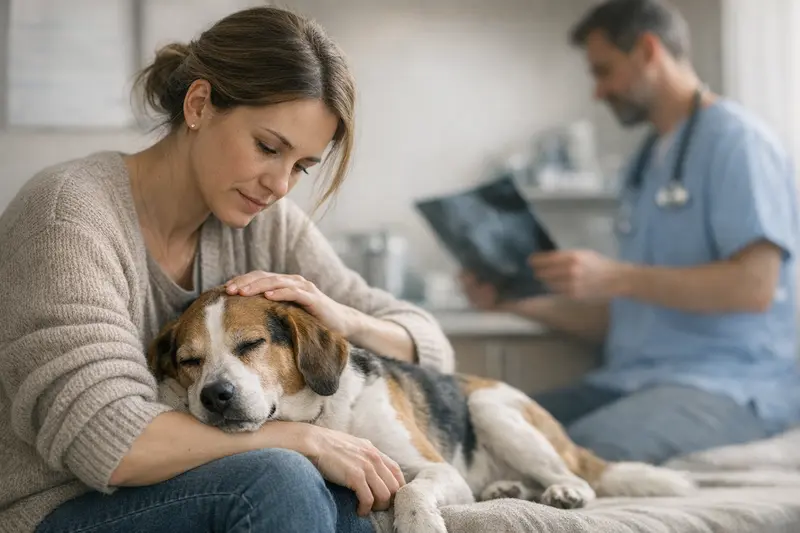 Ein Hund mit Anzeichen von neurologischen Problemen, der auf dem Behandlungstisch beim Tierarzt untersucht wird.