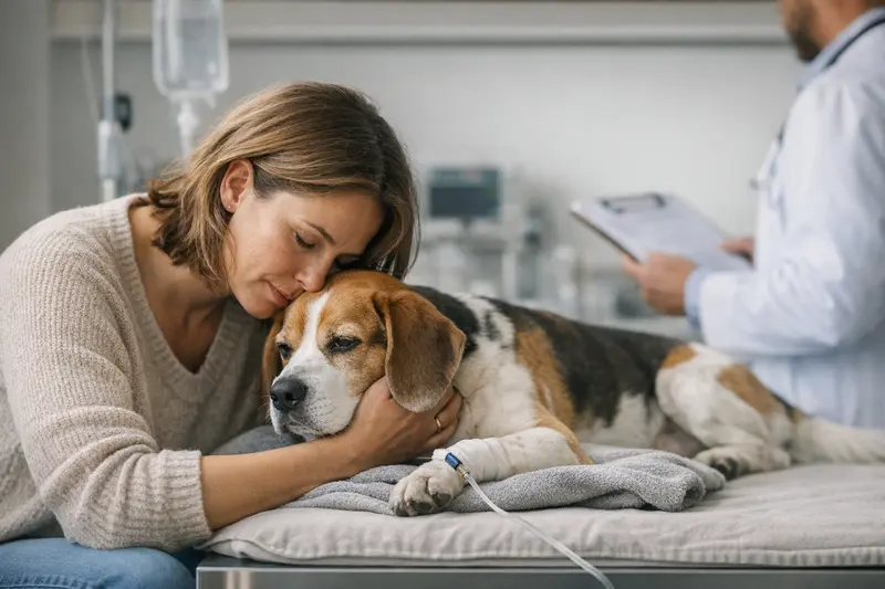 Tierarztuntersuchung bei Meningitis-Verdacht Hund wird in einer Tierarztpraxis auf Meningitis untersucht.