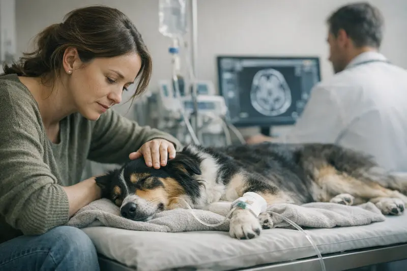 Tierarztkosten bei Hunden verstehen Ein Hund in einer Tierarztpraxis, umgeben von medizinischen Geräten während einer Untersuchung.