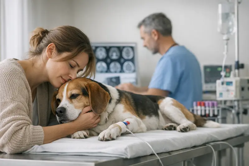 Tierärztliche Untersuchung Hund Meningitis Tierarzt untersucht einen Hund auf neurologische Auffälligkeiten bei Verdacht auf Meningitis.