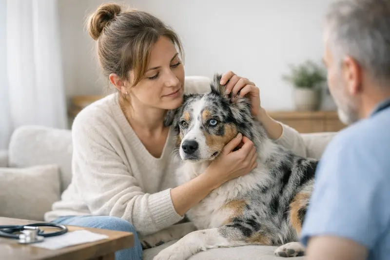 Ein Merle-Hund mit charakteristischer Fellzeichnung, der fröhlich im Park steht und aufmerksam aussieht.