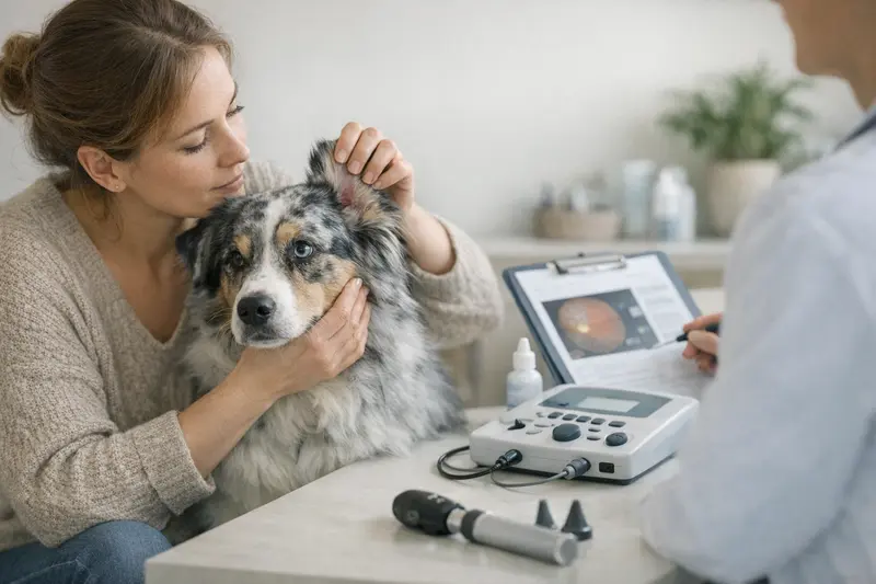 Augenuntersuchung beim Hund Ein Hund mit einem Tierarzt während einer Augenuntersuchung