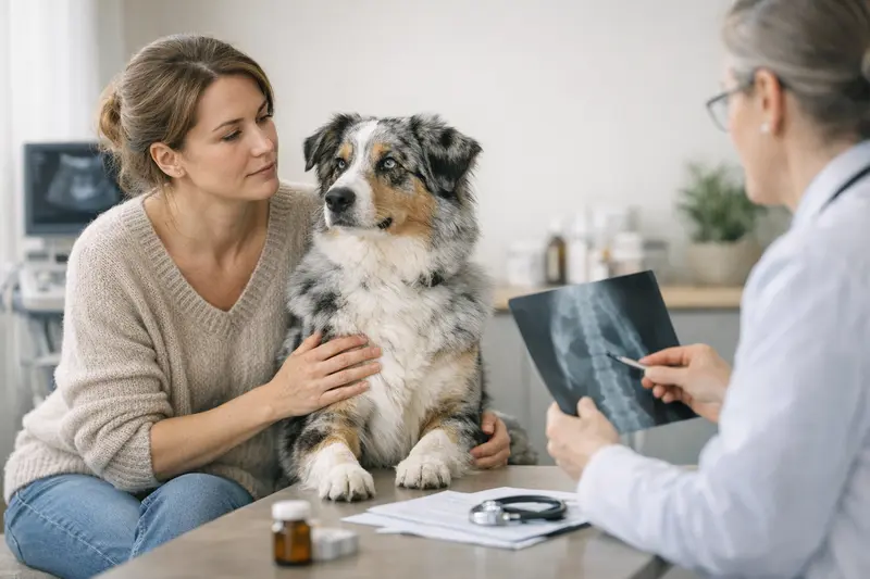 Hundeversicherung: OP-Schutz oder Krankenversicherung? Eine gesunde Hundebesitzerin und ihr Hund beim Tierarzt, der eine mögliche Behandlung bespricht.