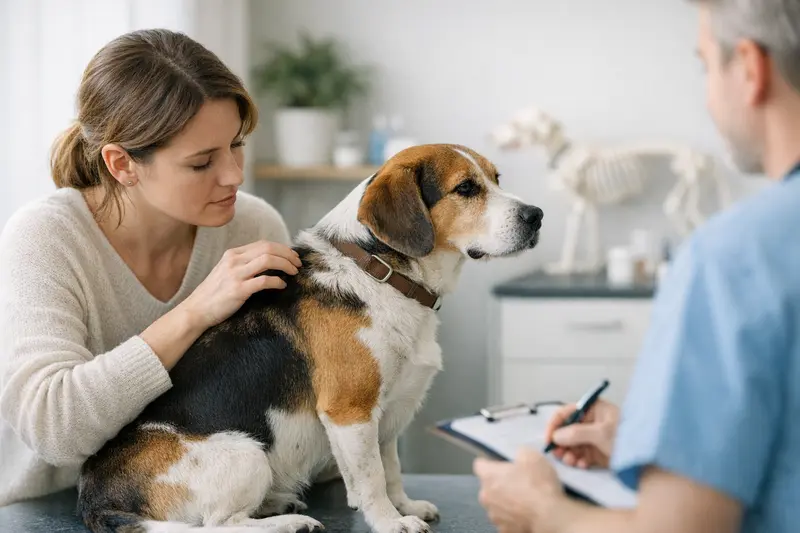 Ein Hund, der von einem Tierarzt auf Milbenbefall untersucht wird.