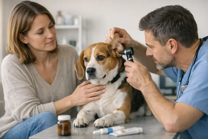 Hundeuntersuchung auf Milben Hundehalter beim Tierarzt zur Untersuchung auf Milbenbefall bei seinem Hund