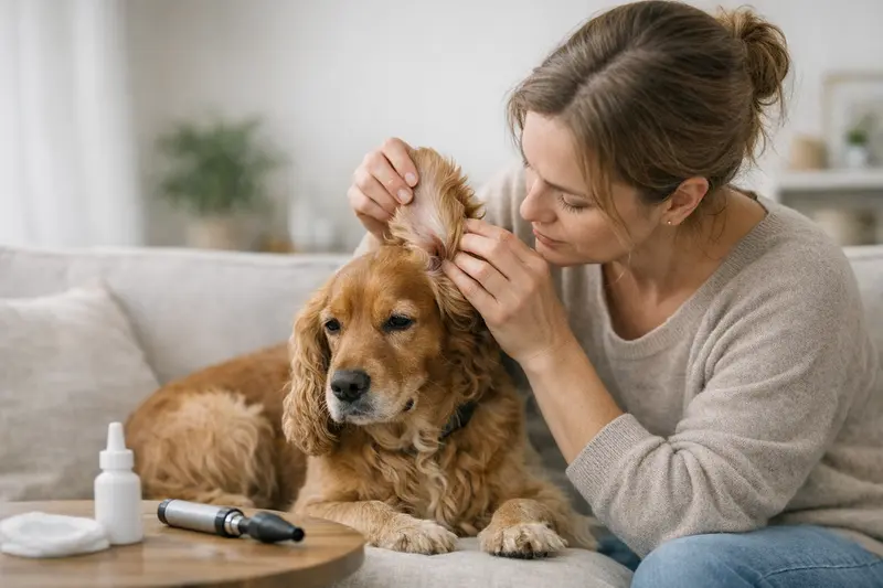 Ohrprobleme bei Hunden verstehen Ein Hundebesitzer untersucht die Ohren seines Hundes auf Ohrprobleme.