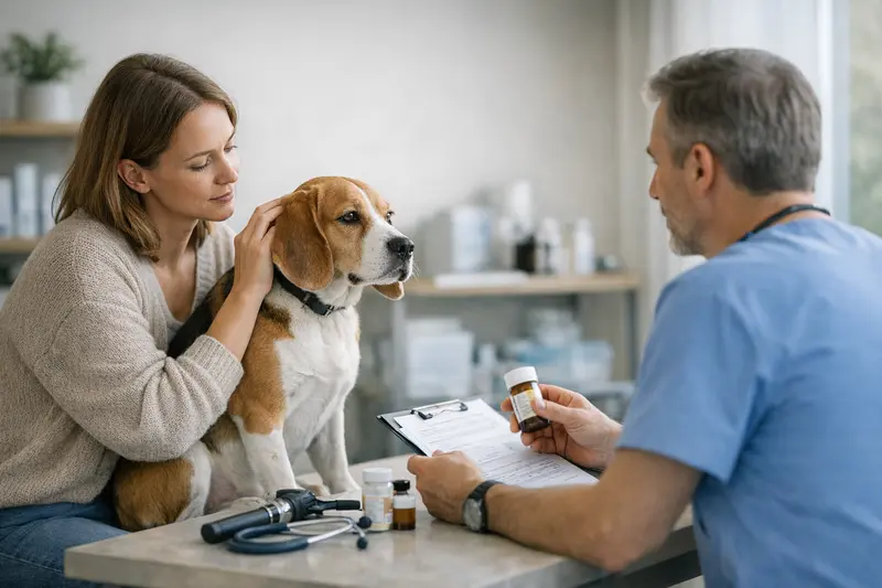 Tierarztbesuch für Hundegesundheit Ein Hund wird vom Tierarzt untersucht, um Haut- und Ohrprobleme zu beurteilen.