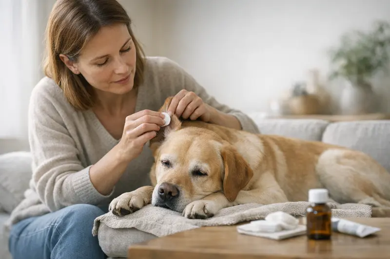 Ein Hund erhält eine tierärztliche Behandlung zur Linderung von Juckreiz.
