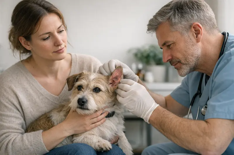 Hund untersucht beim Tierarzt wegen Milbenbefall und Gesundheit