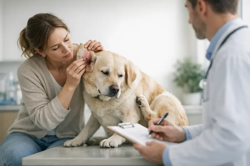 Hund mit Ohrenentzündung beim Tierarzt Ein Hund mit entzündeten Ohren, der beim Tierarzt untersucht wird.