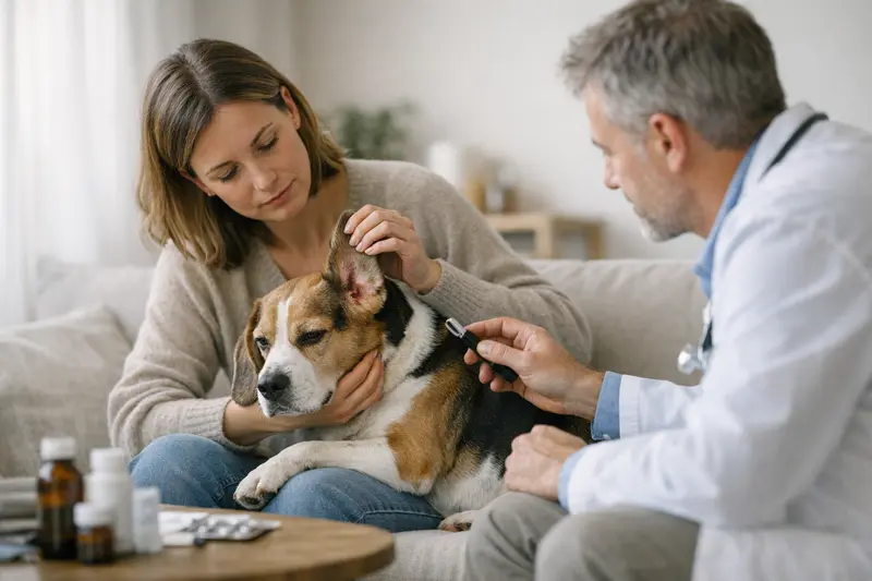 Hund beim Tierarzt zur Gesundheitsüberprüfung Ein Hund beim Tierarzt, der auf eine gründliche Untersuchung vorbereitet wird, um die genaue Ursache von Symptomen festzustellen.
