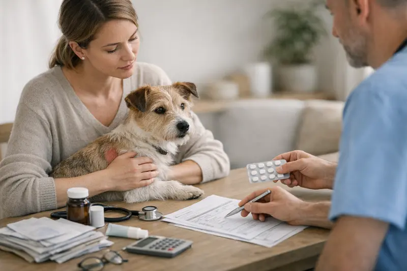 Tarifvergleich bei Tierarztkosten Hundefreund bei einem Tierarztbesuch zur Überprüfung von Versicherungstarifen