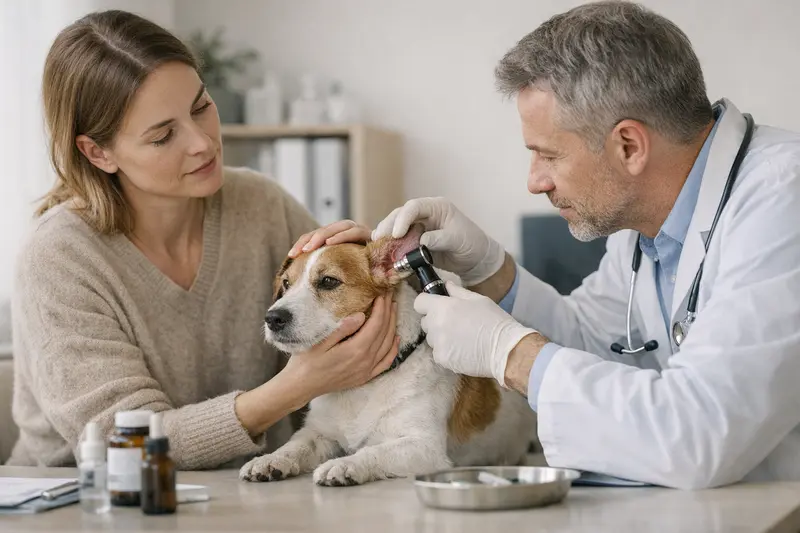 Hund Tierarzt Untersuchung Milben Ein Hund wird beim Tierarzt auf Milben und Hautprobleme untersucht.