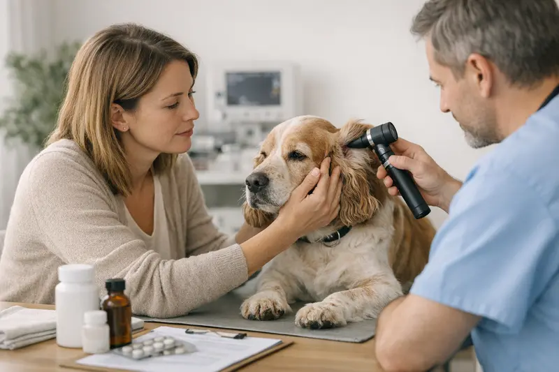 Tierarztbesuch für Hunde mit Haut- und Ohrenproblemen Hund beim Tierarzt zur Untersuchung von Haut- und Ohrenproblemen.