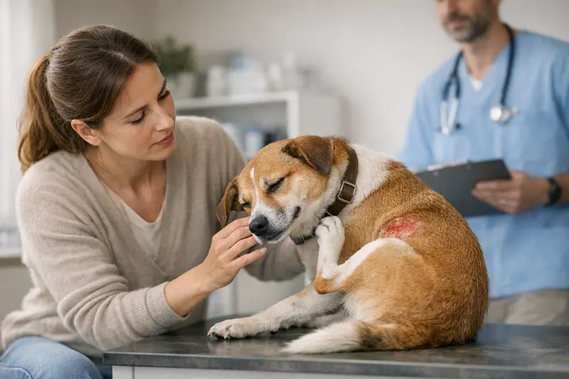 Hund mit Juckreiz, der zum Tierarzt geht, um die Ursache abklären zu lassen.