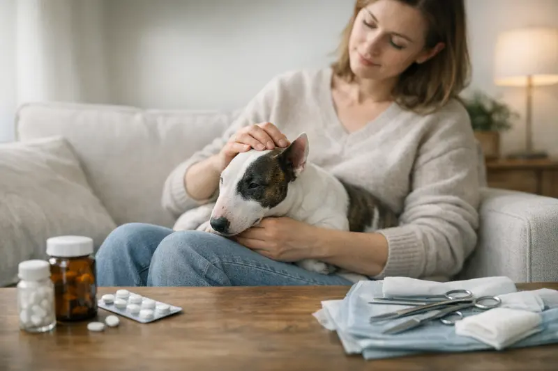Miniatur Bullterrier und Versicherungsoptionen Ein Miniatur Bullterrier spielt im Park, während der Besitzer über eine optimale Krankenversicherung nachdenkt.