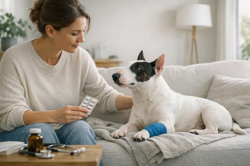 Miniatur Bullterrier Operation Ein Miniatur Bullterrier steht vor einem Tierarzt, während er auf eine Operation vorbereitet wird.