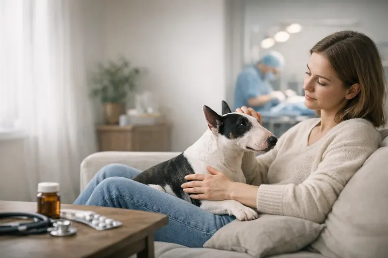 Miniatur Bullterrier beim Tierarzt, der sich einer Untersuchung unterzieht.