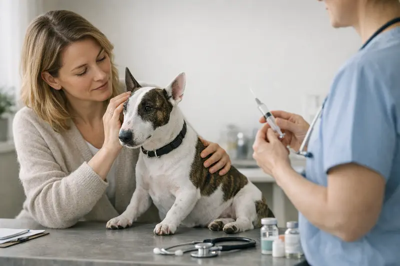 Ein gesunder Hund mit glücklichem Besitzer beim Tierarzt für eine Vorsorgeuntersuchung.