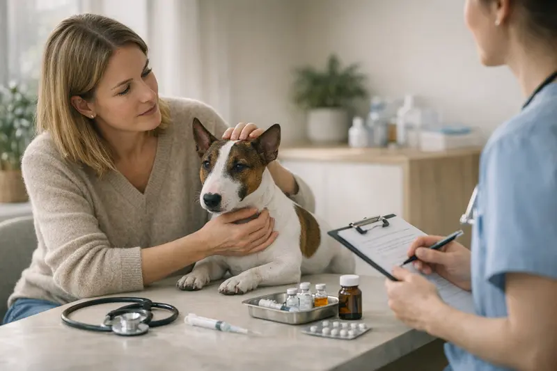Hundekrankenversicherung und Vorsorge Miniatur-Bullterrier bei einem tierärztlichen Routinecheck, der Teil der Vorsorge ist.