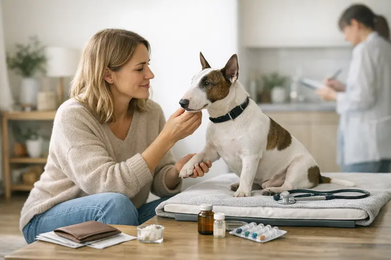Vorsorgeuntersuchung Hund Ein gesunder Miniatur-Bullterrier bei einer Vorsorgeuntersuchung beim Tierarzt.