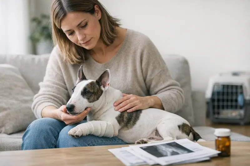 Hundehalter bespricht mit Tierarzt mögliche Vorerkrankungen des Hundes vor der Versicherung.