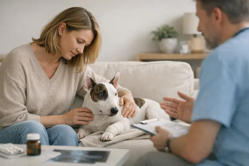 Bullterrier beim Tierarzt Ein kleiner Bullterrier beim Tierarzt, der eine Untersuchung erhält, um mögliche Vorerkrankungen zu überprüfen.