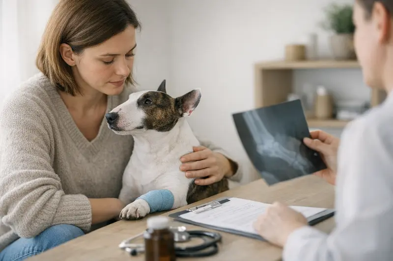 Hundeversicherung und Vorerkrankungen Miniatur-Bullterrier untersucht beim Tierarzt wegen bekannter Vorerkrankungen.